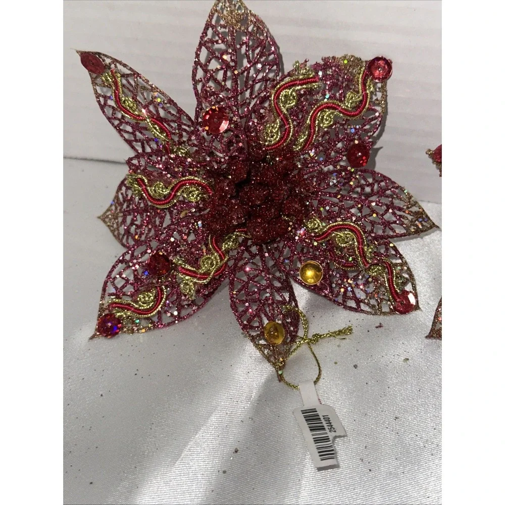 Vtg Pier One Gold Poinsettia Clip On Ornament Embellished Glitter Vintage NEW